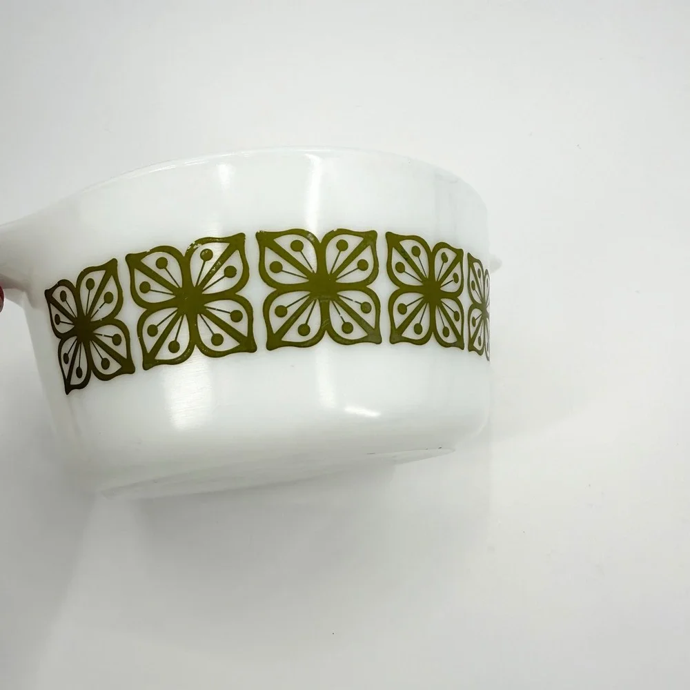 Vintage Pyrex 474-B Verde Green Square Flowers 1.5Q Casserole Dish + Lid
